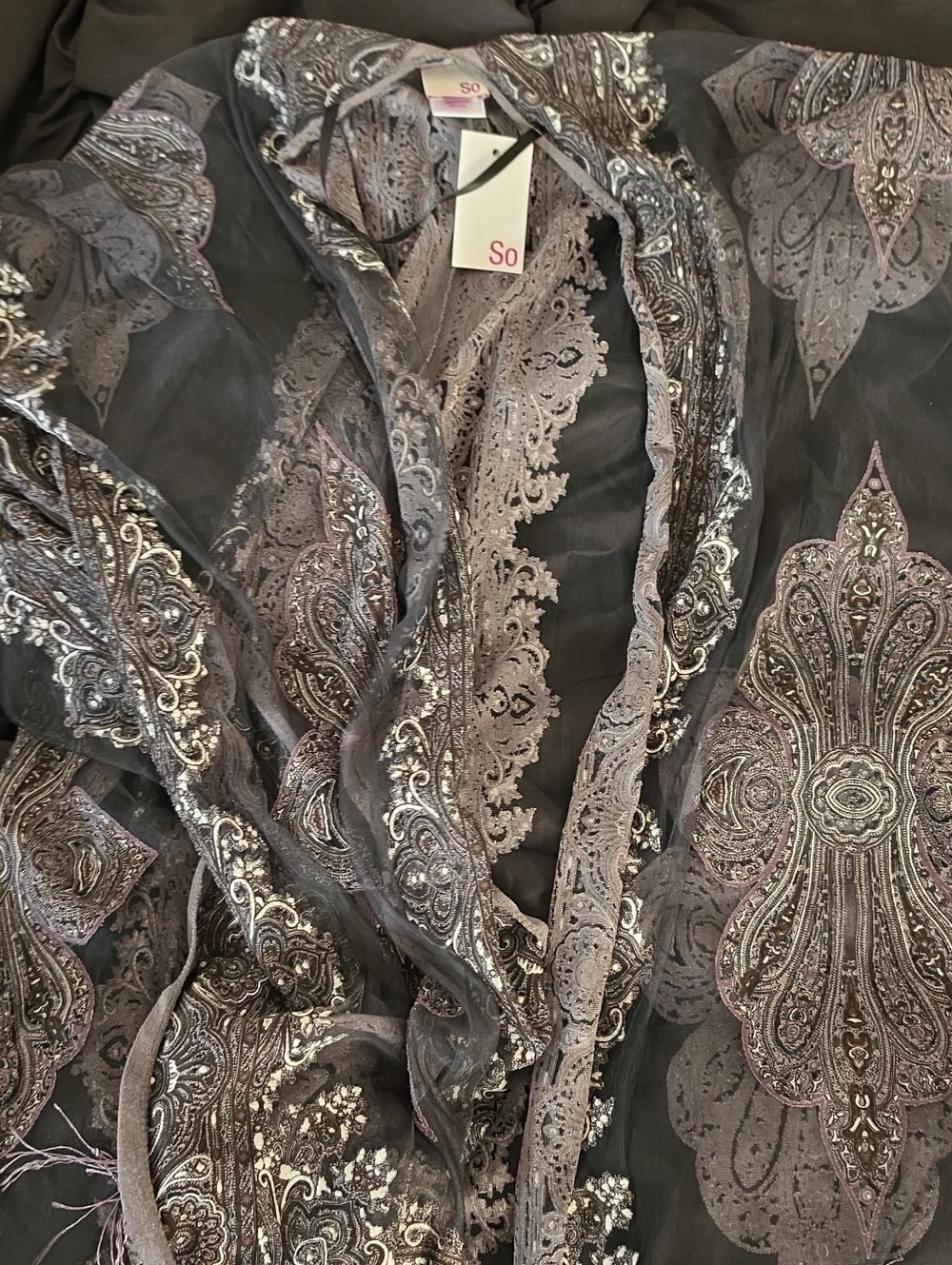 NWT Womens "So " Sheer Paisley Lace Trim Black Cardigan. Sparkles One Size